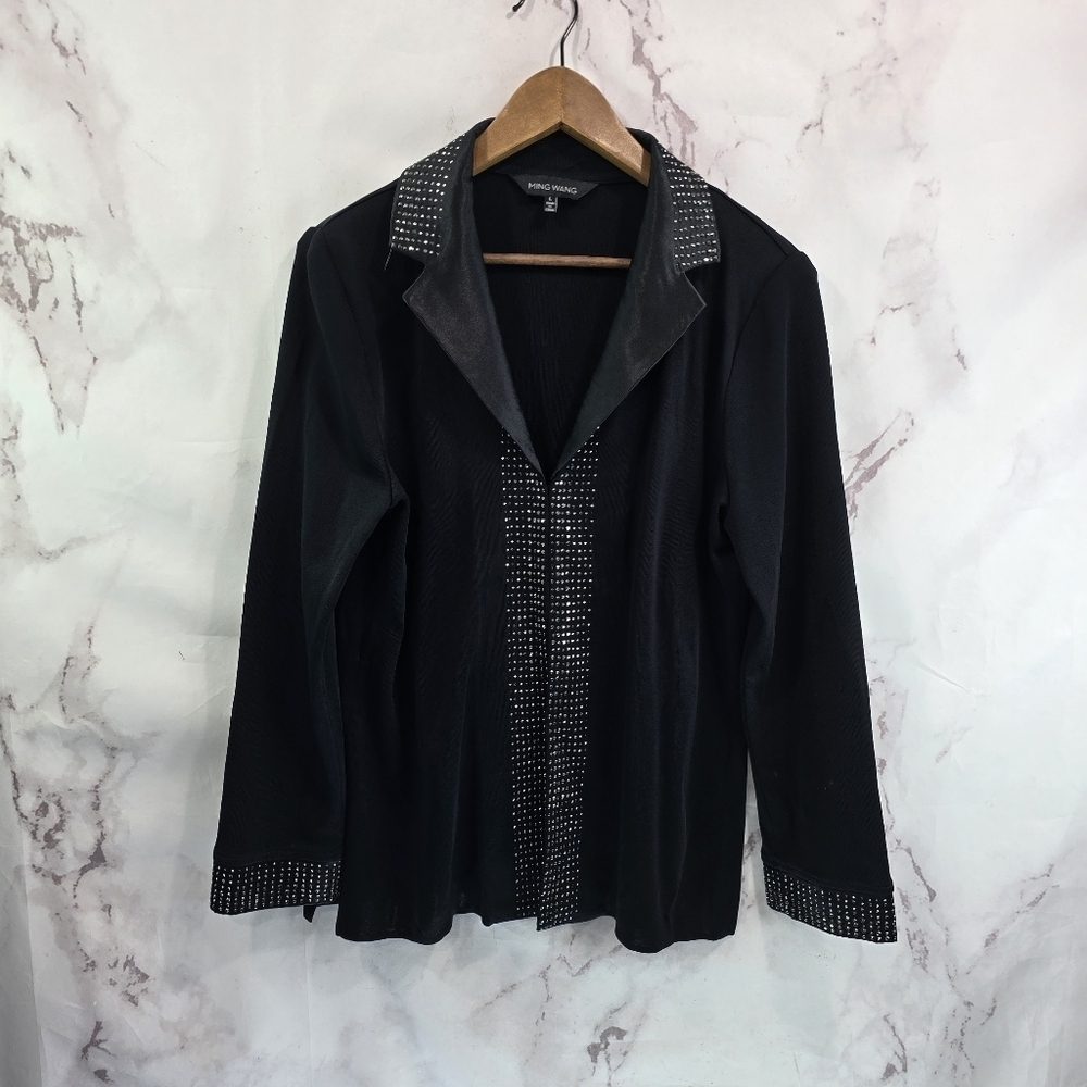 Ming Wang Jacket Womens Large Black Gem Rhinestone Sparkle Blazer Lightweight